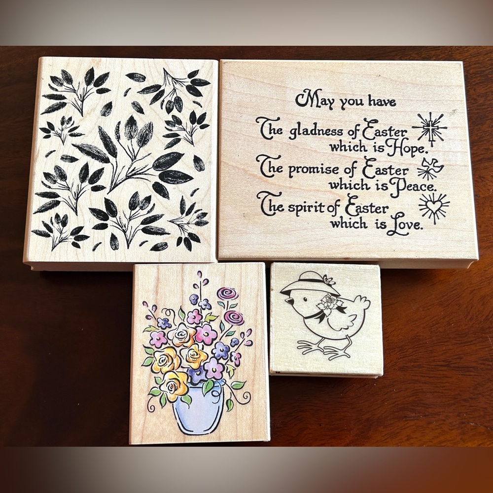 Easter Woodblock Stamps Poem, Chick, Spring Flower Pot, Inkadinkado 706 Gardenia